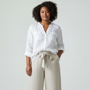I.N.C. White Linen with Ribbing Detail Button front Top - 3X